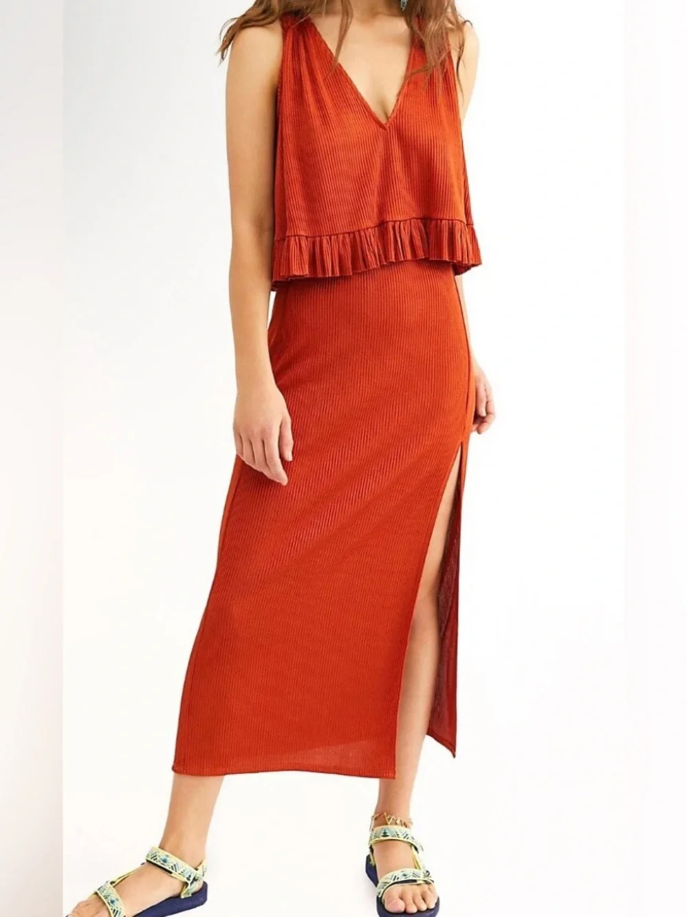 Free People Rust Ribbed Midi Skirt and Matching Tank Blouse - Size S